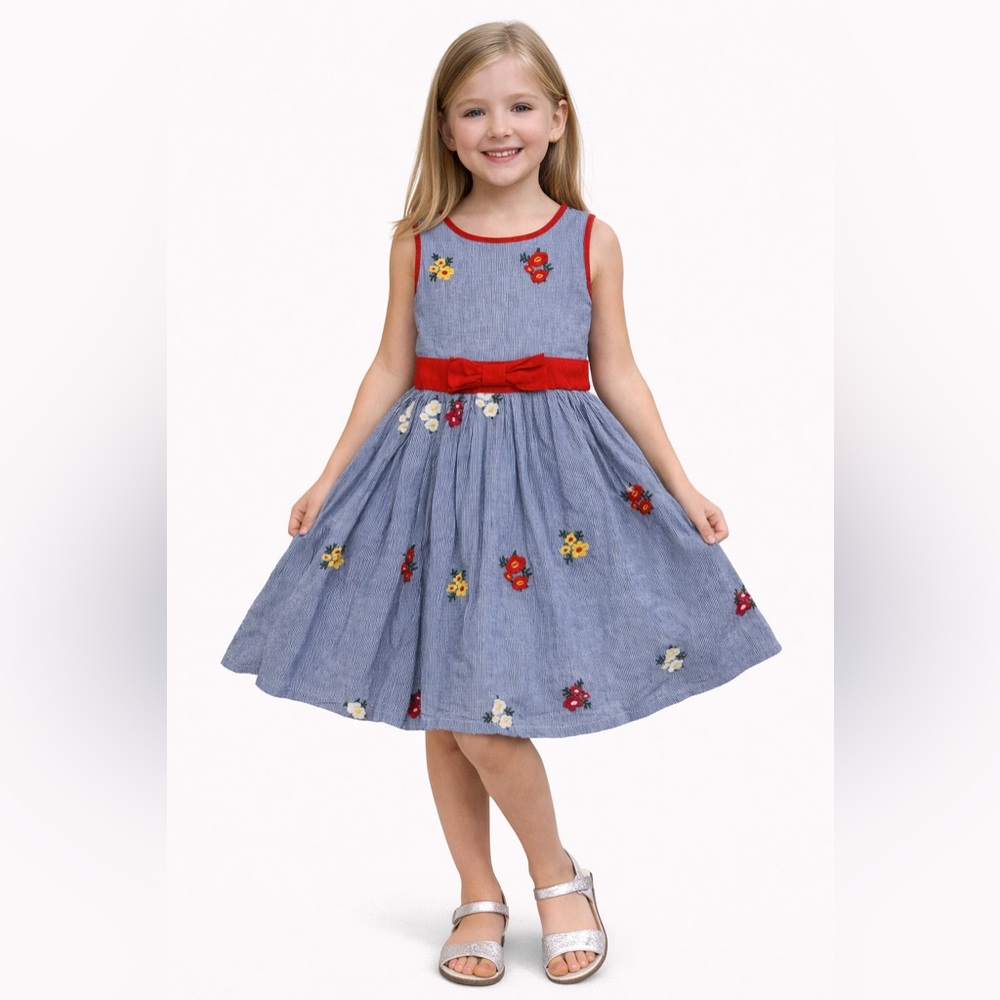 Rare Editions Blue Striped Floral Dress with Red Trim